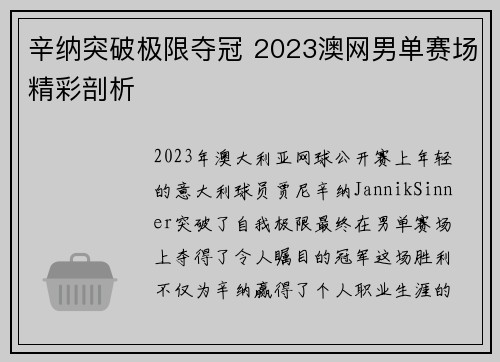 辛纳突破极限夺冠 2023澳网男单赛场精彩剖析
