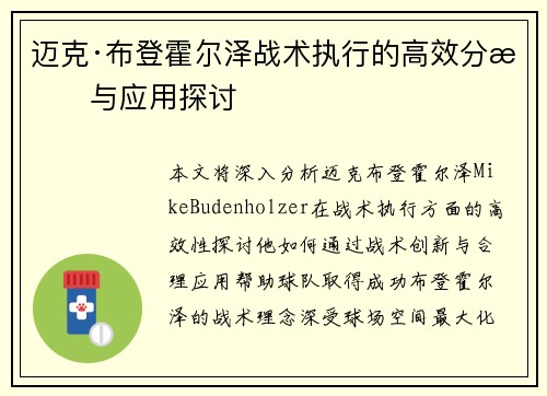 迈克·布登霍尔泽战术执行的高效分析与应用探讨